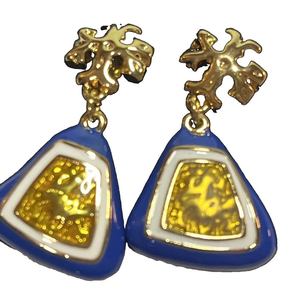 Tory Burch Aokilo Blue Enamel Hand Painted Stud Vintage Style Drop Earrings